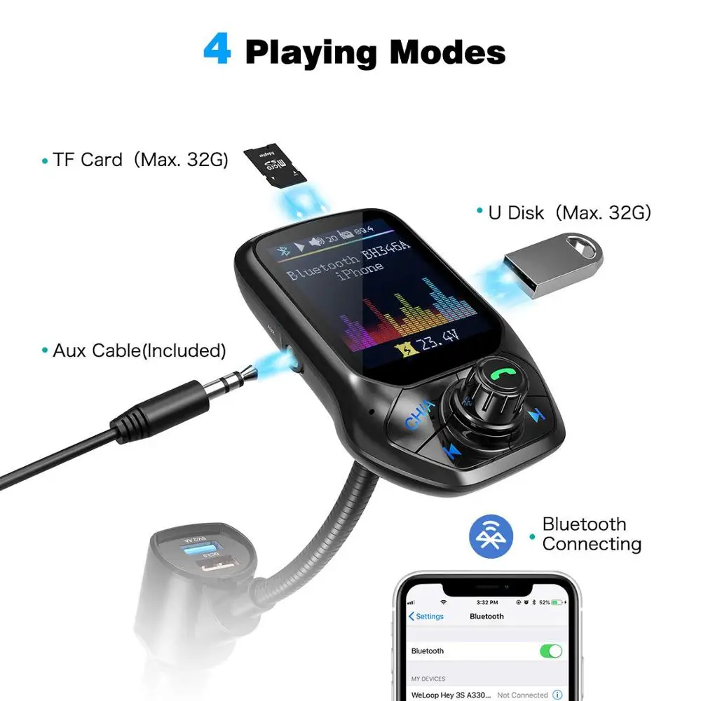 1," TFT дисплей Bluetooth 4,2 fm-передатчик радио адаптер Автомобильный приемник Громкая связь вызов 3 USB порт с QC3.0 Быстрая зарядка