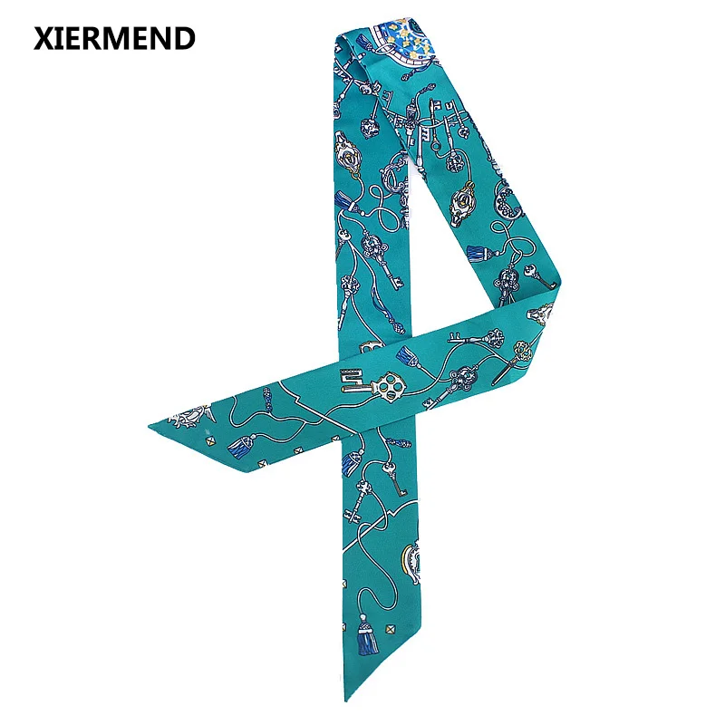

2018 lock key printing simulation silk scarf sunscreen variety magic tie bag handle ribbon female head skinny scarves
