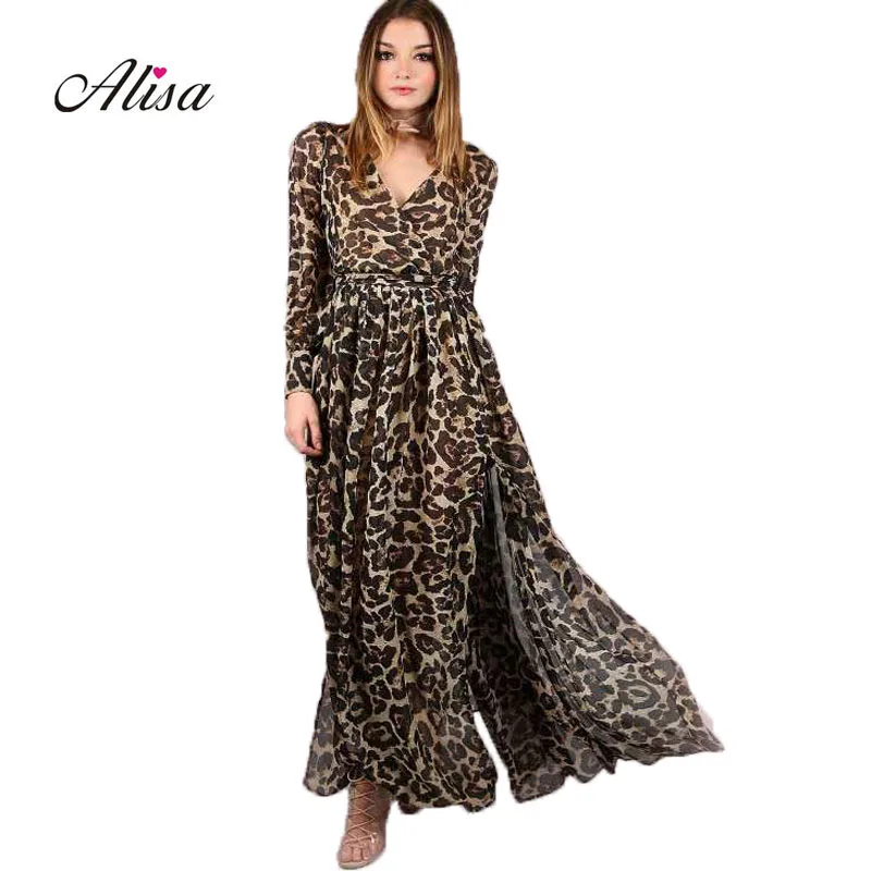 

Party Dress Women Slim Sexy V Neck Maxi Vestidos Chiffon Dresses Long Robe Femme Woman Fashion Bodycon Leopard Dress Vestidos