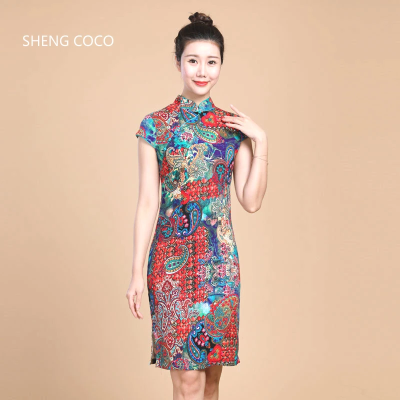 Sheng Coco женское китайское льняное стрейчевое платье Ципао короткое эластичное