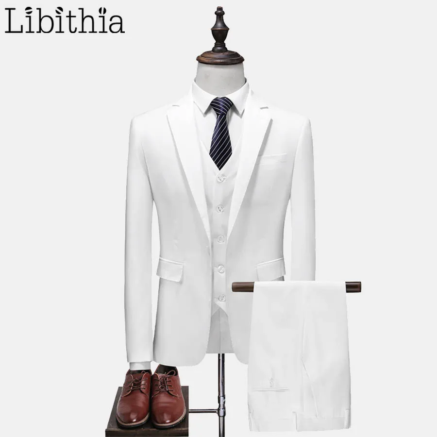 

Men Solid Color Suits 3 Piece Suits Two Buttons Blazer Jacket Pant Vest White Blue Black 5XL Autumn Winter Slim Fit Wedding T161