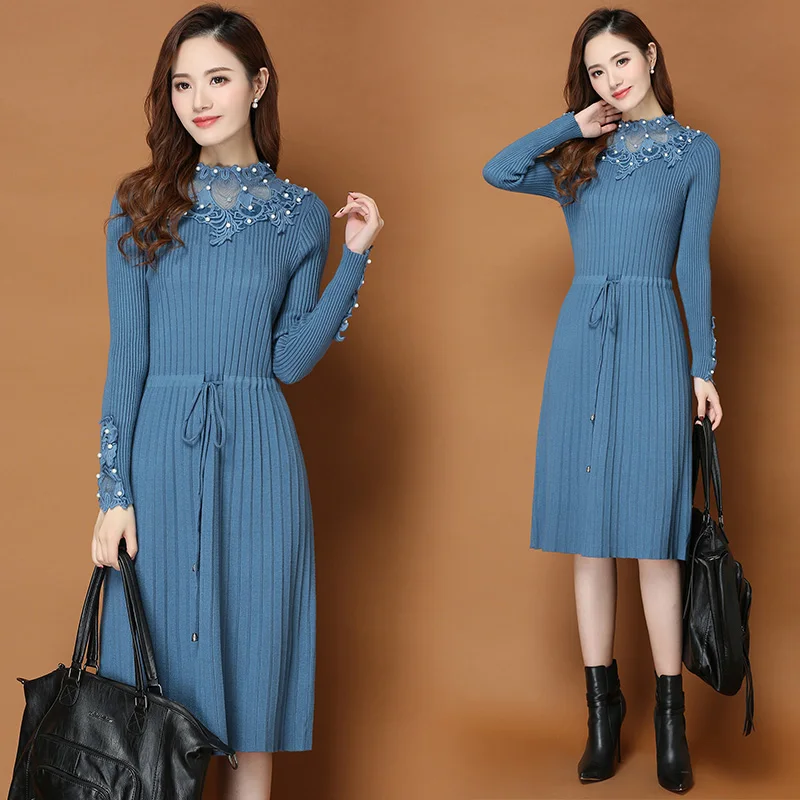 

Women Sweaters Dress 2019 Knit dress Autumn Winter Long Sleeve embroidery lace neck Knitted party dress