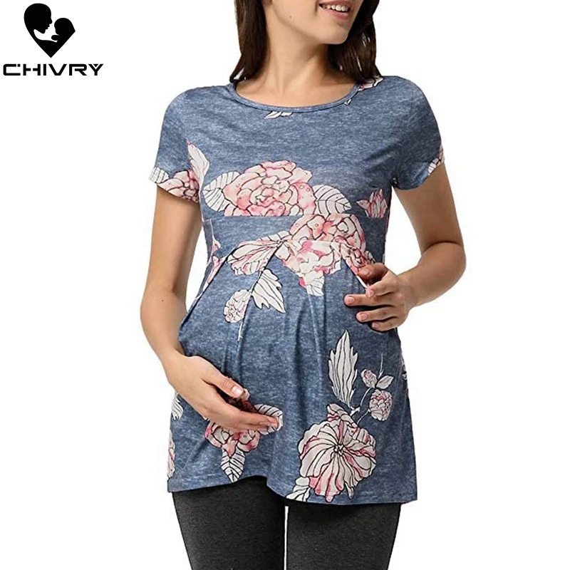 

Chivry Maternity T Shirt Pregnancy Clothes Casual Floral Print Short Sleeve Pregnant Mom Nursing Tops Breast Feeding Clothes