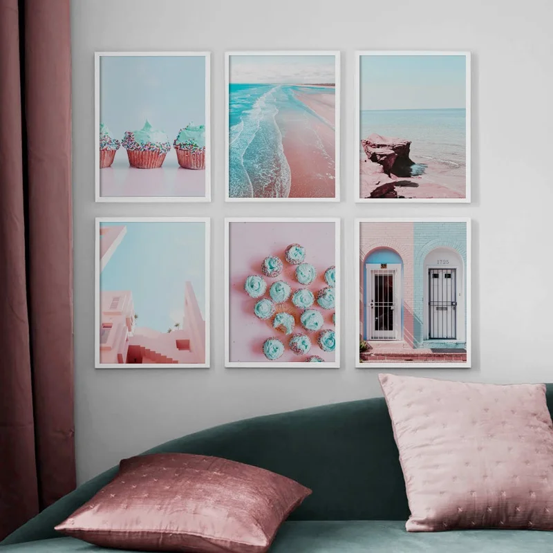 Pink Beach Sea House Door Cake Landscape Wall Art Canvas Painting Nordic Posters And Prints Wall Pictures For Living Room Decor