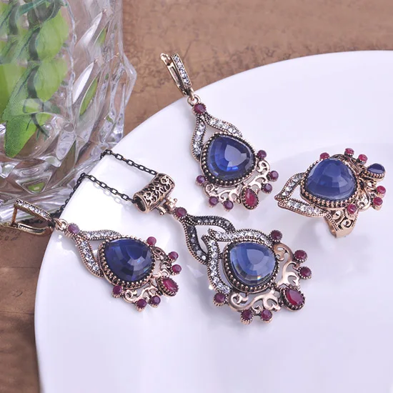 Vintage Turkish Jewelry Sets Collares Blue Emerald Glass Statement