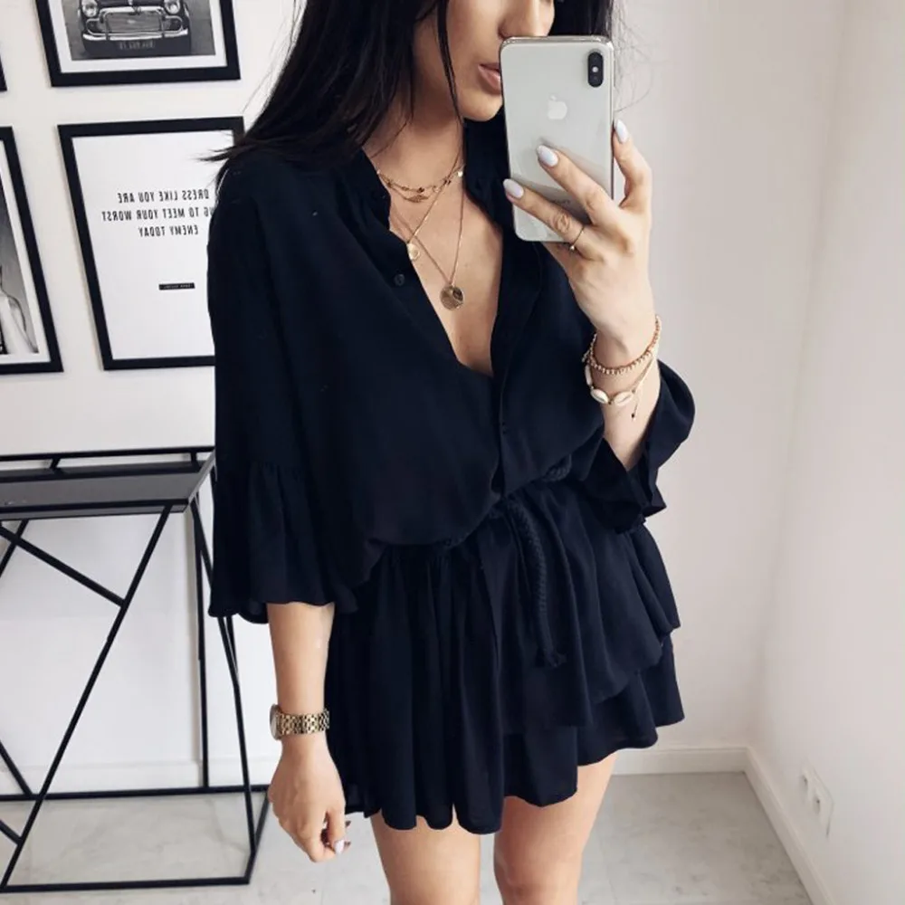 2019 Fashion summer women's casual V-neck sexy beach dress long lace straps solid short-sleeved mini beach dress cover up 40J10 (3)