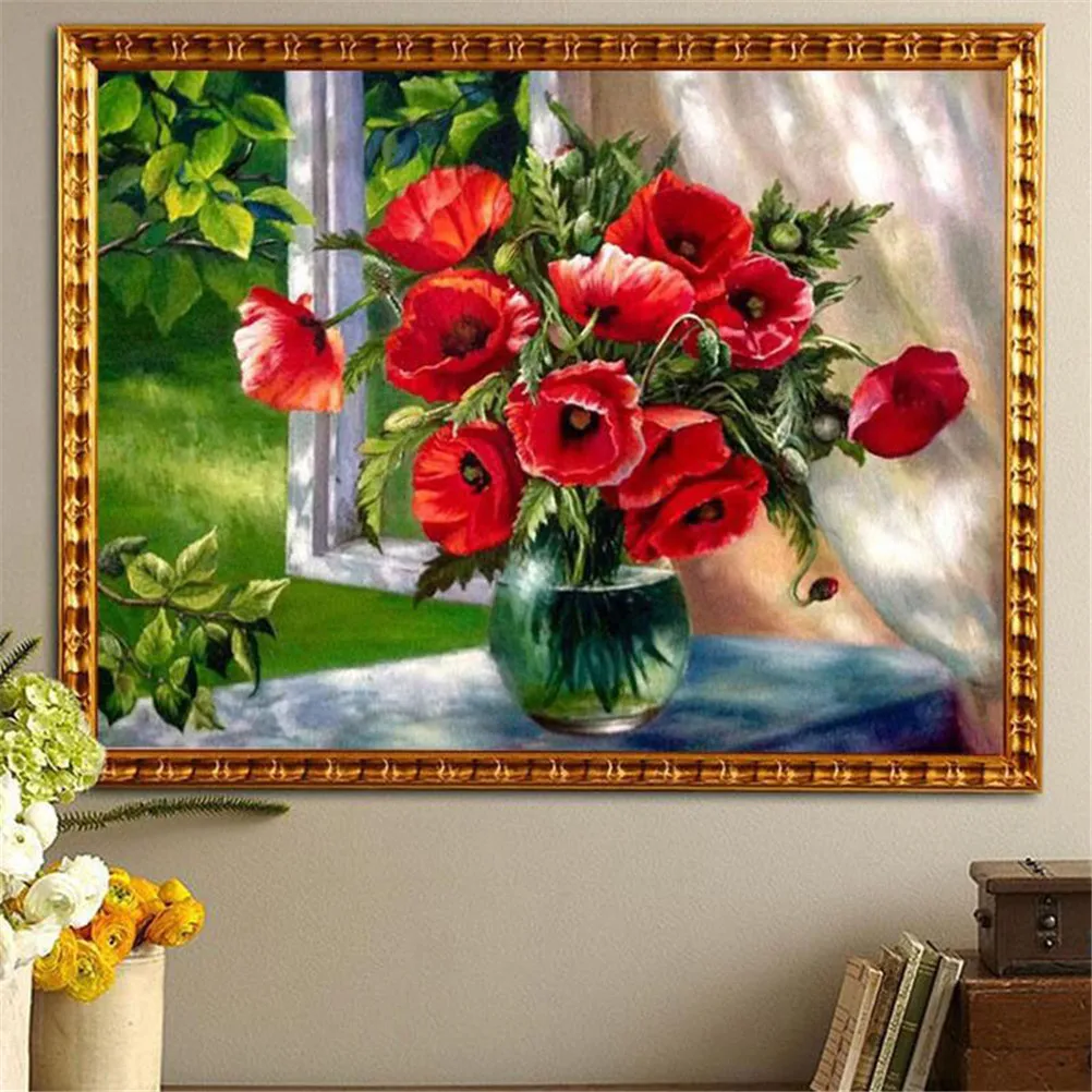 1pcs 5D Diamond Painting Cross Stitch Red Floral Vase Crystal Needlework Diamond Embroidery Flower Full Diamond Home Decorative