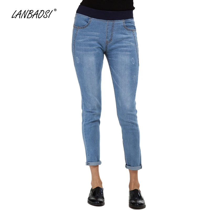 LANBAOSI Elastic Waistband Jeans for Women Casual Skinny Denim Pencil