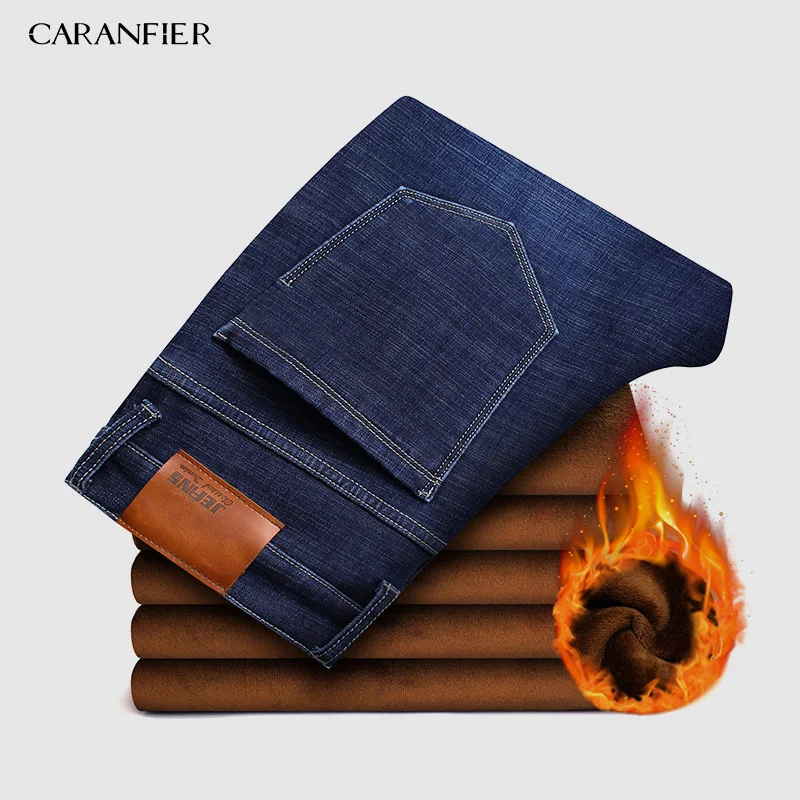 CARANFIER 2pcs New Men's Winter Brand Jeans Warm Slim Fit Denim Pants Male Balck Blue Thicken Trousers Jeans Big Size 44 46 - Color: 1pcs Blue