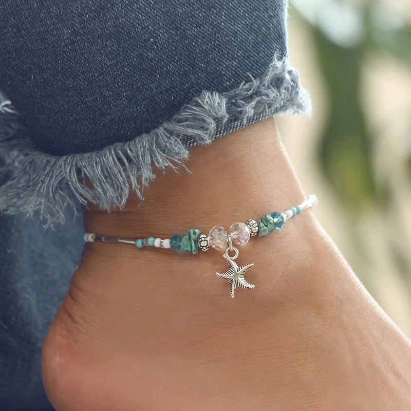 

Vintage Fashion Beaded Green Opal Starfish Anklets For Women 2019 Summer Beach Barefoot On Leg Anklet Bracelet Boho Foot Jewelry