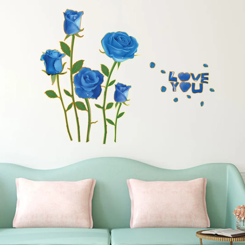 Romantic Love 3D Blue Rose Flower Wall Sticker Home Decor Living Room Bedroom Wedding Decoration