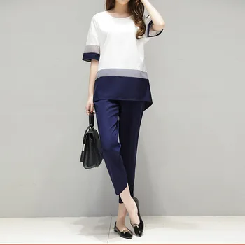 

Summer New O Neck 2 Piece Set Solid Women Casual Short Sleeve Loose Suit Plus Size Patchwork Color Chiffon Suit