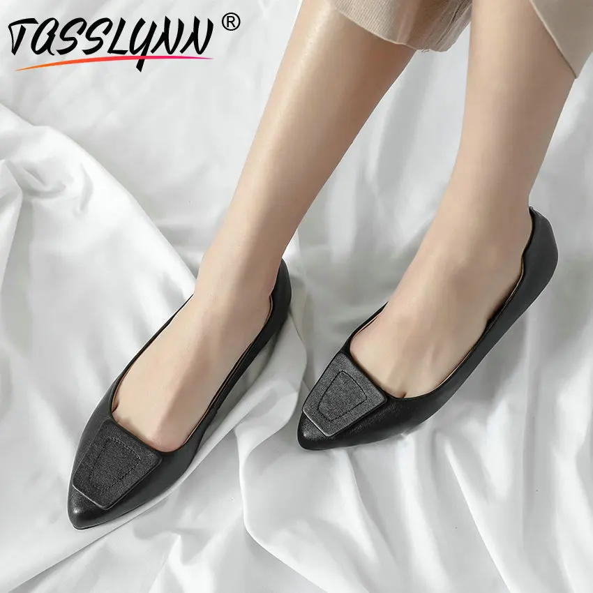 

TASSLYNN 2019 Elegant Womens Shoes Pointed Toe Genuine Leather Fashion Shoes Basic Square Heel Slip-On Women Pumps Size 34-43