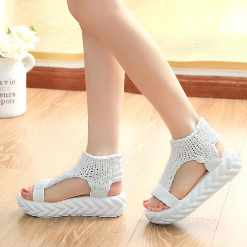 Comfortable Casual Wool Women Summer Sandals Knit Platform Shoes Candy Color Wedges Sandalias For Women High Heel Summer Shoes