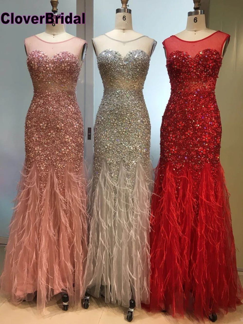 CloverBridal 2018 latest design luxury dazzling mermaid stones feathers evening dresses long vestido de festa longo robe longue