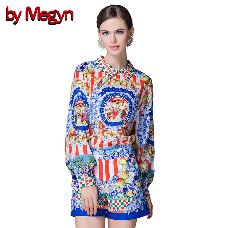 

Runway Designer Casual Holiday Vacation Shorts Set Women's Long Sleeve Print Blouses + Shorts Two Pieces Set Suit matching sets