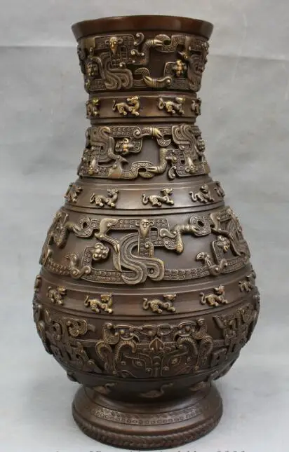

S3586 18" Chinese Pure Bronze FengShui Dragon Unicorn Statue Palace Flower Vase Pot