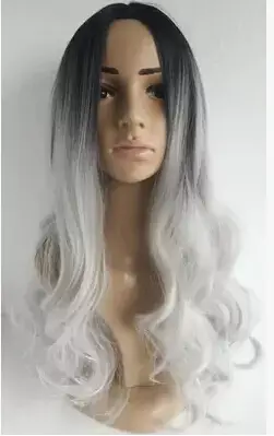 Long Curly Hair Ombre Wigs Two Tone Natural Black Silver White
