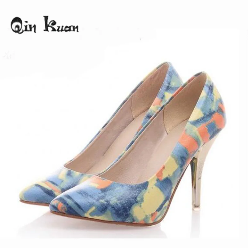 

Qin Kuan Plus Size 34-47 Women Pointed Toe Stiletto Shoes Women European Thin Heels High Heels Pumps Printed Flower Shoes