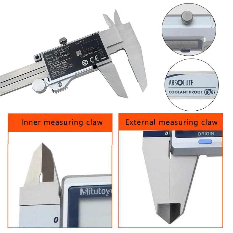 Mitutoyo 500-702/703/704/752/753/754-20 цифровой штангенциркуль с нониусом из нержавеющей 150/200/300 мм/0,01 мм IP67 Водонепроницаемый Электронный микрометр