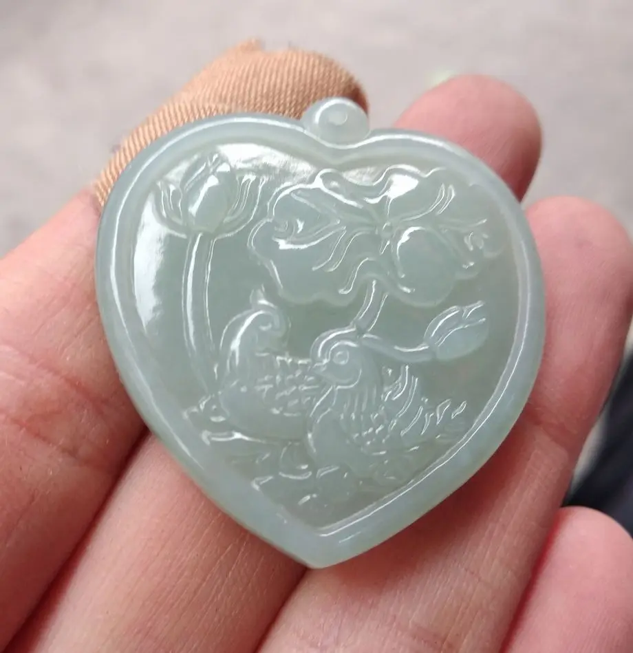 Exquisite Jadeite Bluish White Jade Hand Carved Mandarin Duck Pendant