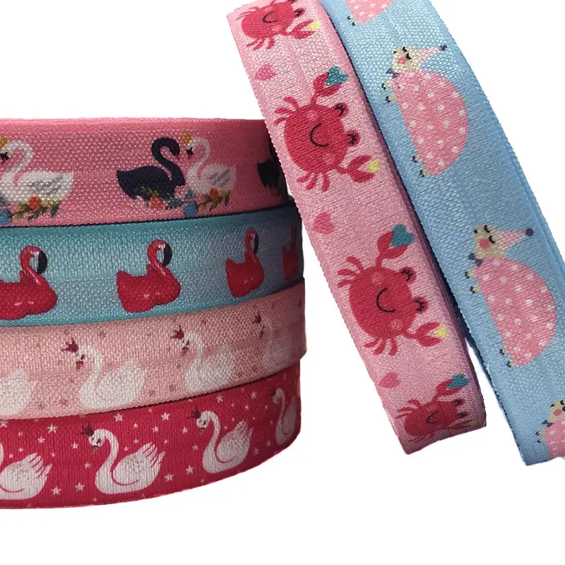 

10yards 5/8" hedgehog Swan Fox Crab Print Fold Over Elastic Cute Animal Print FOE Ribbon for DIY Headwear Hair Accessories