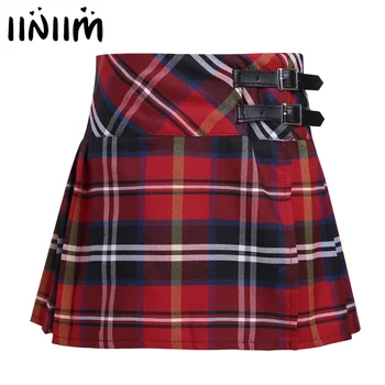 

Kids Girls School Uniforms Pleated Side Split Plaid Skirt Tartan Kilt with Faux Leather Buckle Student Costumes Skirts