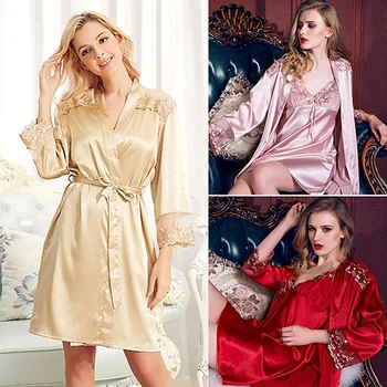 

Women Sexy Imitation Silk Pajamas Robes + Sling Dress 2 Pcs Sleepwear Nightgown