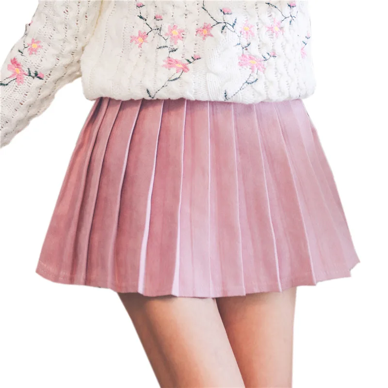 Японский сладкий Осень Зима мини юбка женская Вельветовая трапециевидная плиссированная юбка розовая короткая юбка s m l