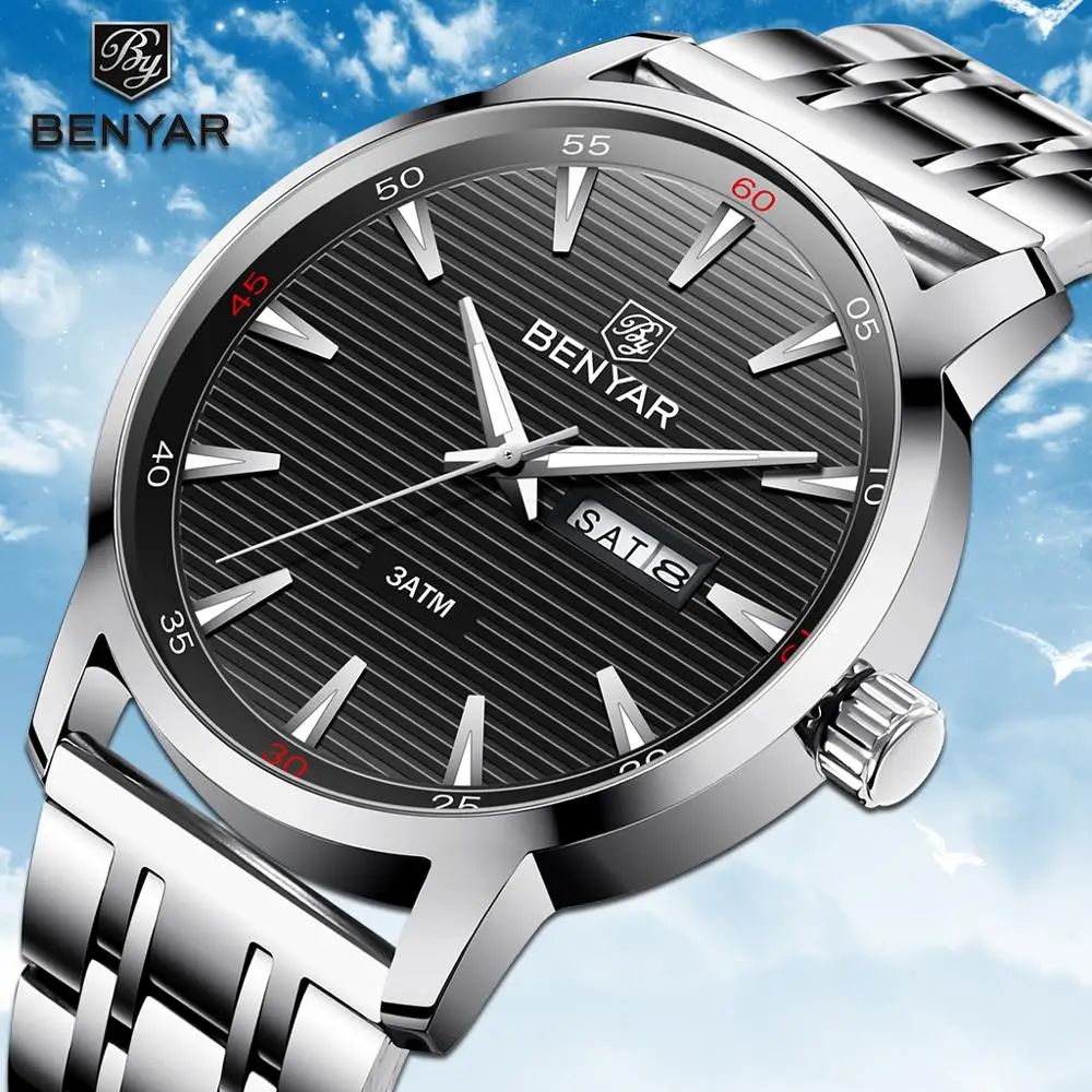 

BENYAR New Men's Watches Fashion Sport Business Wrist Watches Mens Top Luxury Brand Black Dial Steel Quartz Watch Reloj Hombre