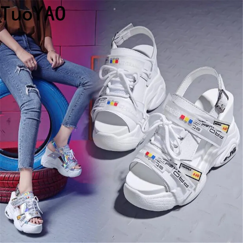 

2019 New Summer Women Sneakers Sandals Peep-toe Wedge Platform Shoes Woman 11CM Heels Thick Bottom Casual White Beach Flip Flop