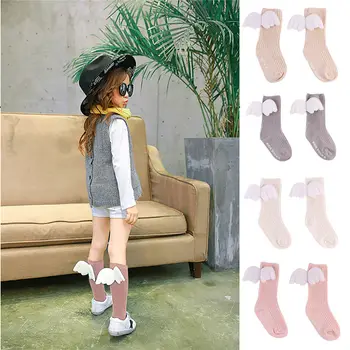 

Winter Children's Baby Kids Girls Pantyhose Knee Warming Cotton Stocking white pink beige gray Cartoon Angel Wing 0-4Y new 2018