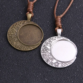 

1pcs Zinc Alloy Two Color 25mm Round Moon Cabochon Settings Blank Cameo Pendant Base Tray With Leather Cord For Jewelry Making