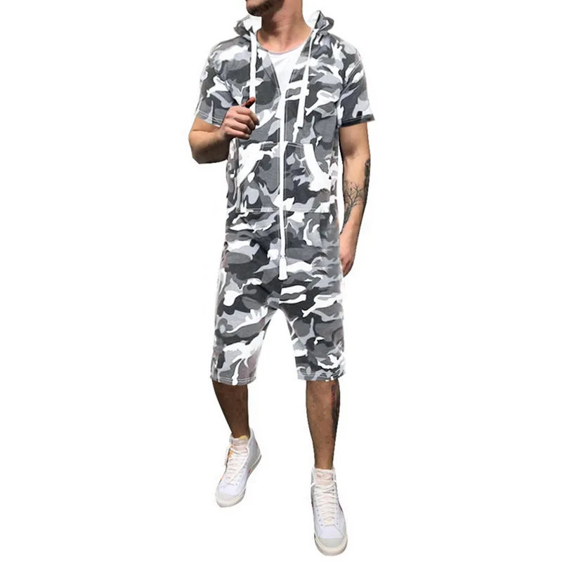 Puimentiua New Fashion Casual Tracksuit Jumpsuit Mens Short Sleeve Sweatshirt Hoodies Romper Mens Overalls Sportwear - Цвет: Black and White