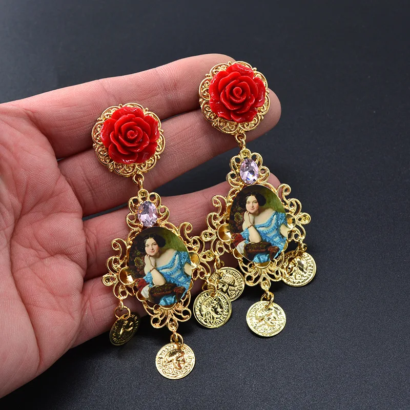 Baroque Bohemian Vintage Jewelry Gold Rose Flower Pearl Oil Painting Crystal Stud Earrings For Lady Party Wedding Wholesale - Окраска металла: Red