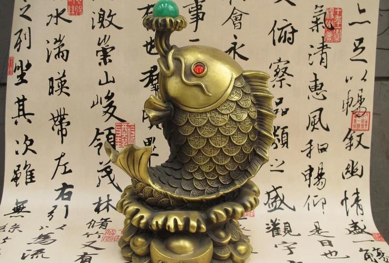 

China FengShui Bronze Copper Lucky YuanBao Money Cohesion wealth Fish Statue a 0518