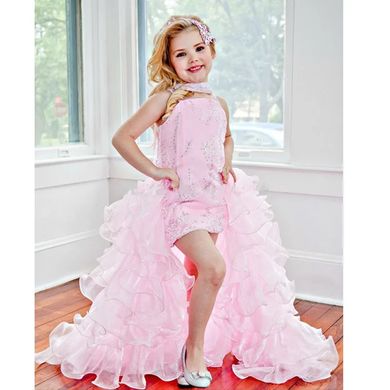 Pink Organza Front Short Long Back Beaded Flower Girl Dresses 2017 High