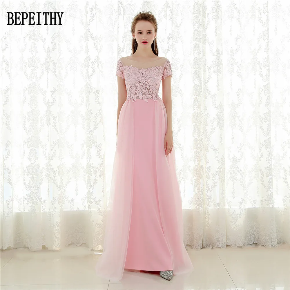 02  BEPEITHY Vestido De Festa Short Sleeves Pink Chiffon Long Prom Dresses Mermaid Evening Dress Party Elegant 2017 (1)