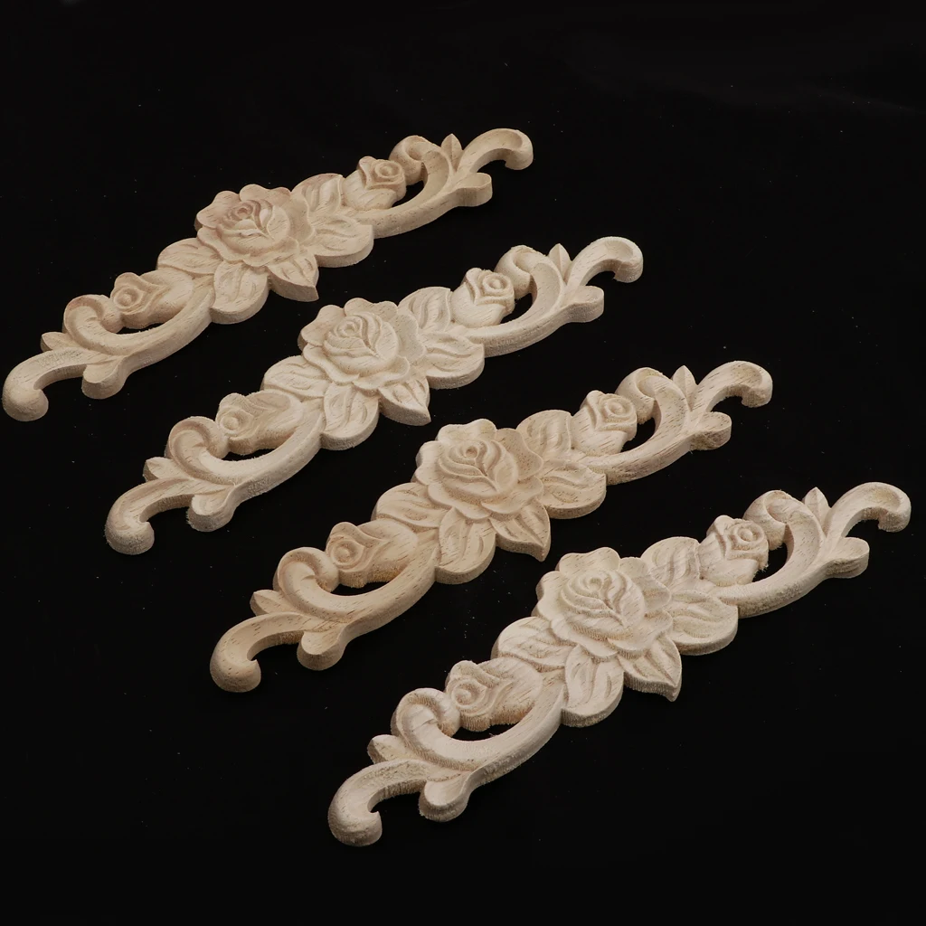 4pcs Retro Unpainted Floral Wood Carved Decal Corner Applique Frame For Home Furniture Wall Cabinet Door Decor