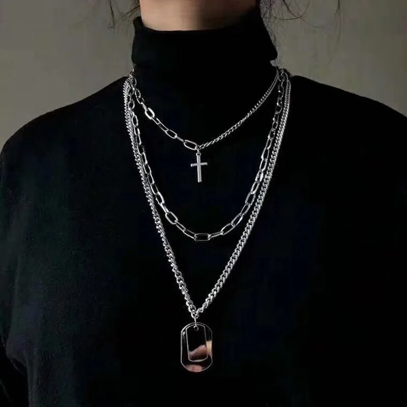 

New Couple Hip Hop Three Layer Chain Cross Pendant Men Women Stainless Steel Blank Dog Tag Multilayer Necklace Military Jewelry