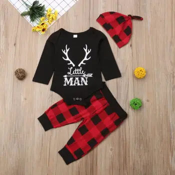 

3Pcs Toddler Baby Boy Xmas Clothes Jumpsuit Bodysuit Pants Hat Clothing Plaid Cute Outfit Set Baby Boys 0-18M