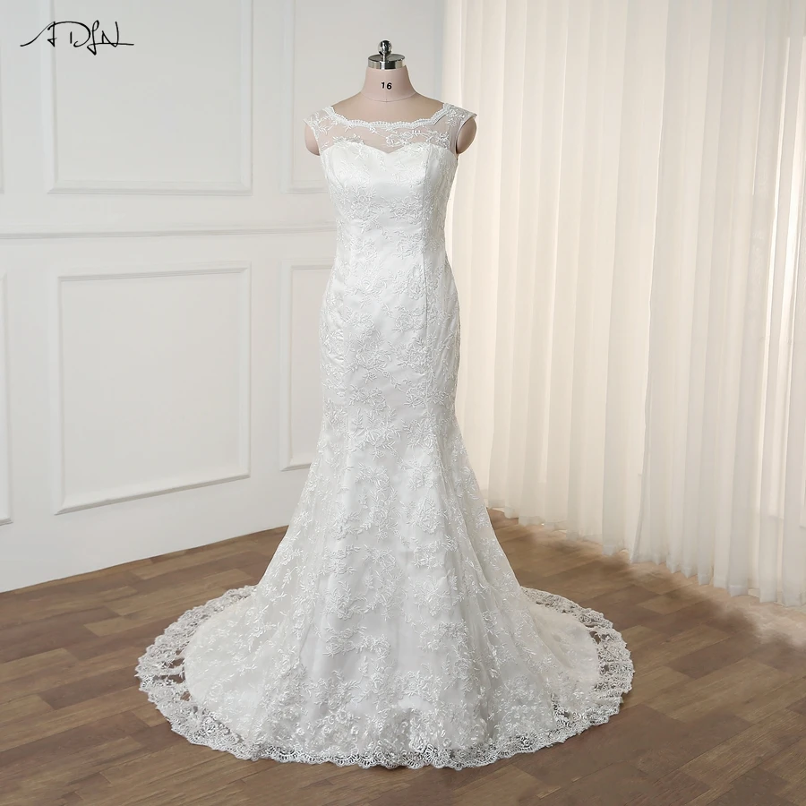 

ADLN White/ Ivory Lace Wedding Dress Plus Size Scoop Neck Appliques Mermaid Bridal Gowns Vestido De Novia Back Lace-up