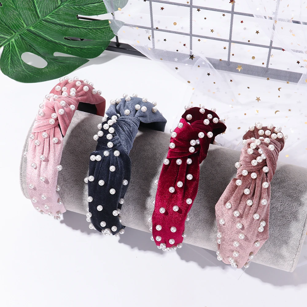 

Bohemian Solid Color Soft Velvet Center Knit Wide Headband with Pearl Knotted Bow Headband Hair Accessories Styling Tools