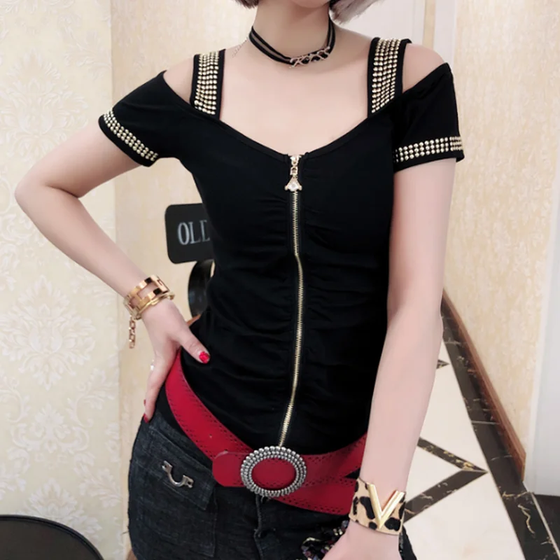 

T-shirts female Rhinestone Off Shoulder summer fashion tops women's diamond tshirt tees Poleras De Mujer Moda 2019 XXXL t shirt