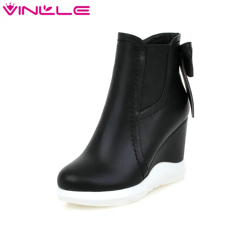 VINLLE 2016 Sweet Bow Tie Autumn Women Shoes White Ladies Wedges High Heel Ankle Boots Women