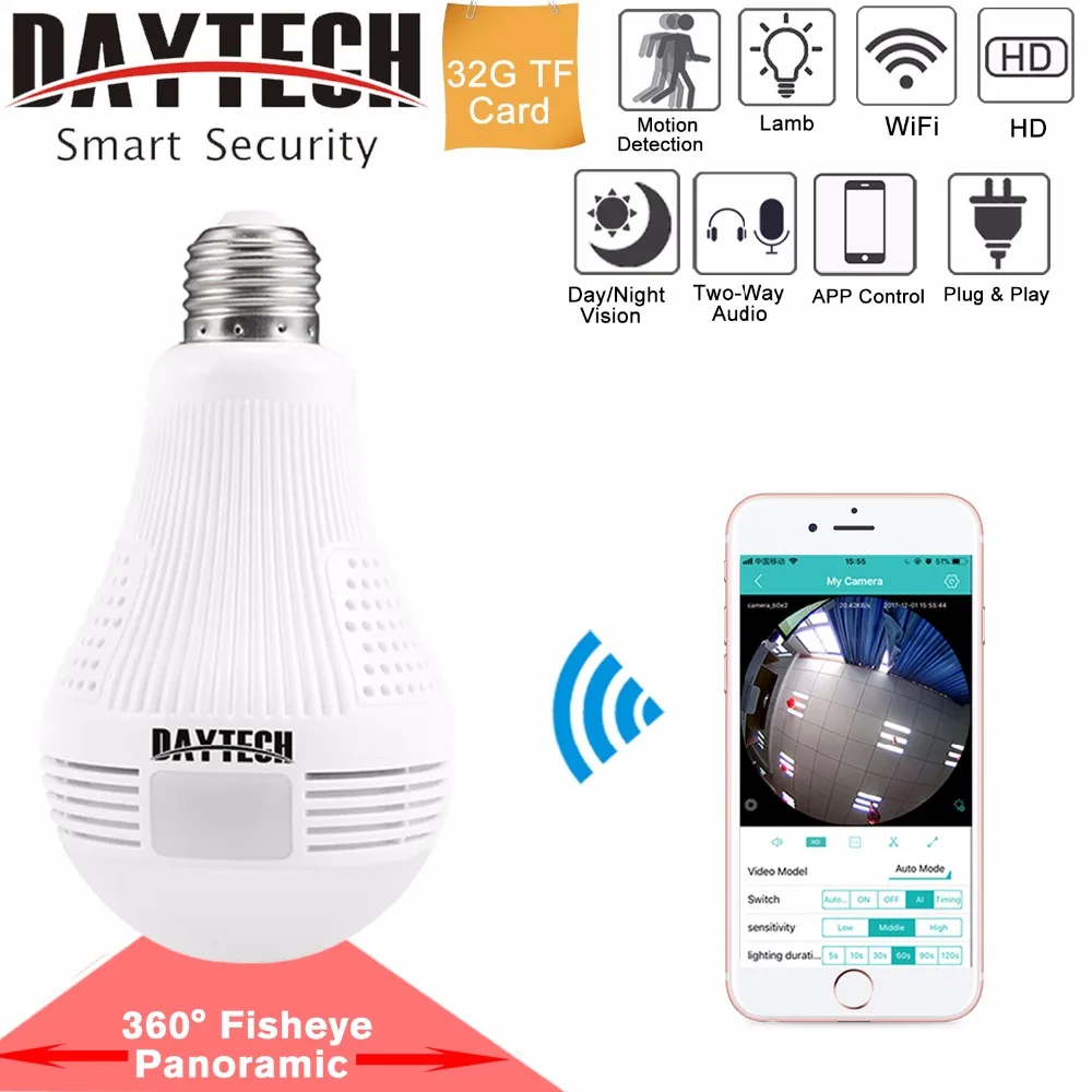 Daytech Wi-Fi IP Камера Беспроводной HD 960 P/1080 P Камера охранных детская комната 360 градусов панорамный угол свет лампы двухстороннее аудио