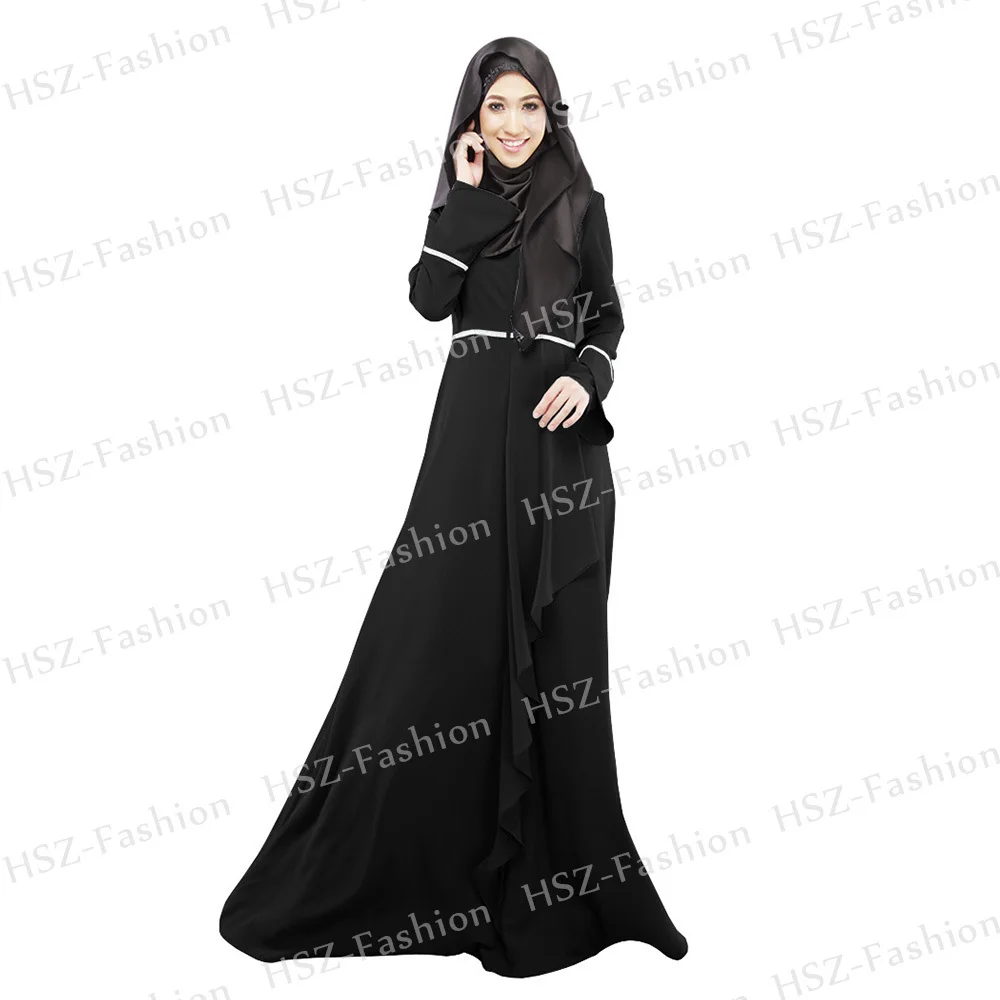 017 Женщины обычный цвет мусульманский хиджаб Falbala дизайн Тюрбан Хиджаб мода мусульманская Кафтан Абая Мусульманский хиджаб платье - Цвет: black