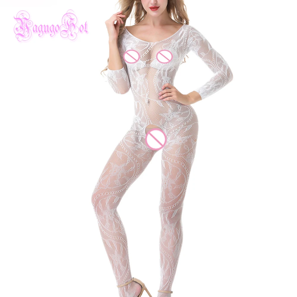 Sexy Fishnet Sheer Crotchless Swirly Lace Teddy Floral Long Sleeved Bodystocking Lingerie Intimates Babydoll Bodysuit Catsuit