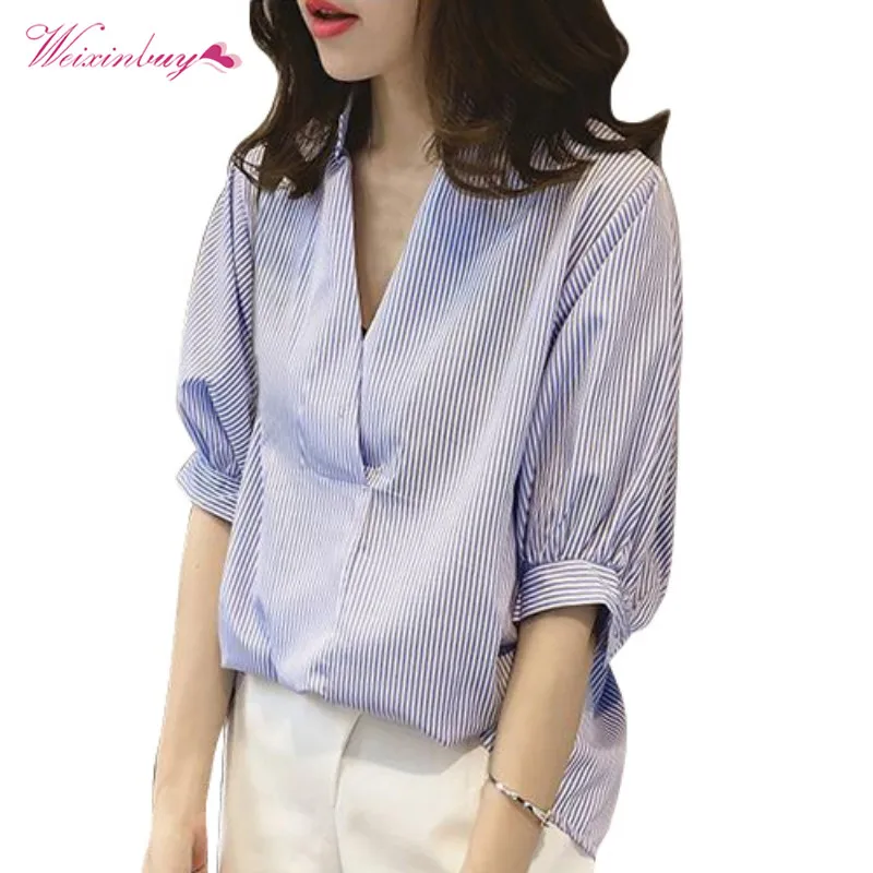 

2018 Women Striped Blouse V-Neck Long Sleeve Blouse Women Loose Tops Puff Sleeve blouse for Female Back Buttons Design S-4XL
