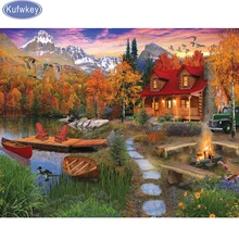 Kufwkey вилла на берегу озера картина из бисера, Пейзаж Вышивка крестом на заказ фото алмазной картина с алмазной отделкой мозаичный Декор для дома